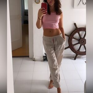 Casual Beige Linen Low Waist Pants